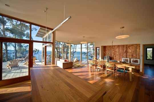 Bruny Shore House living room overlooks the ocean at Bull Bay in Tasmania