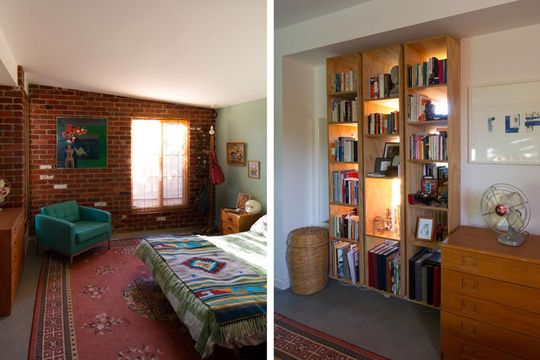 In the bedroom of Florence Street House, the space is separated from the living area by a joinery unit full of books