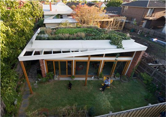 Viewed from above, Florence Street House has a green roof, sunny North-facing garden and a bank of North-facing windows