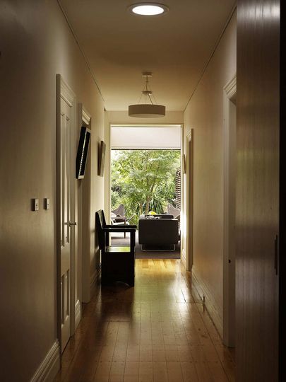 Haberfield House original hallway looking towards the new living area and then into the garden