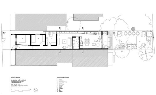 Plan of the Haines House shows the bedrooms at the front, a lounge area, bathroom, then open plan living area opening onto the garden