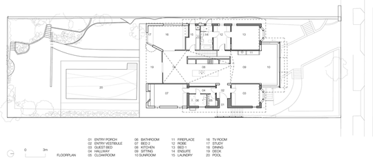 Plan of Chapple House shows the central part of the house which has been opened up to access views and light from front to back