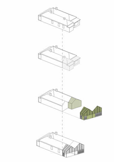 MAKE Architecture's diagram shows how House Reduction cut off the rear of the house and replaced it with a reconfigured space