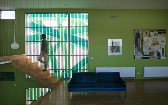 Michael Bellemo walks up the stairs in his home Polygreen with translucent fiberglass and spray painted pattern behind