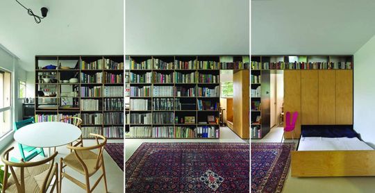 Potts Point Apartment collage image showing the dining area, lounge and pull out bed