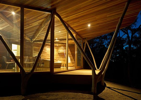 Closeup view of Trunk House from outside at night with warm timber interior