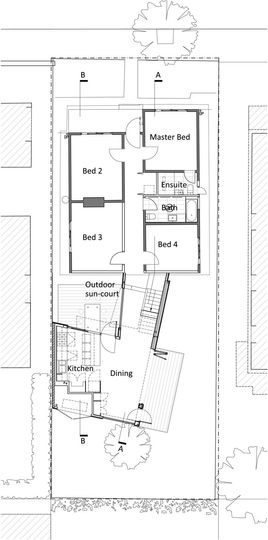 Yarra Street House: Ground floor plan showing the existing house and the new pavilion-style extension