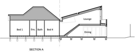 Yarra Street House: Section A showing dining area and upstairs lounge