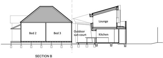 Yarra Street House: Section B showing outdoor sun-court, kitchen and upstairs lounge